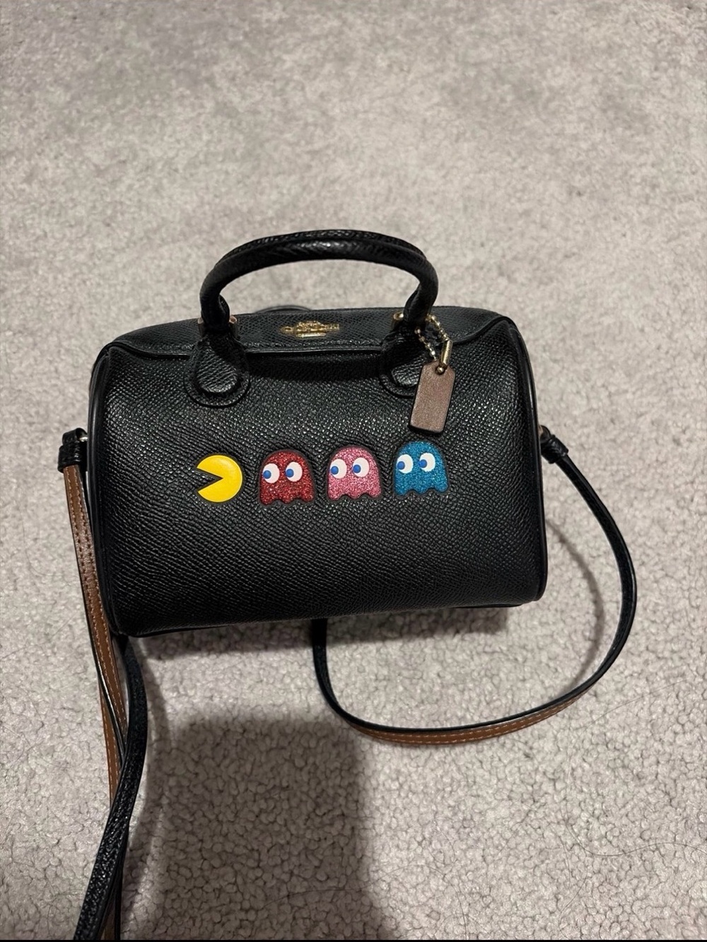 Coach Black Leather Satchel with Pac-Man & Ghost Appliqués - Picture 1 of 3